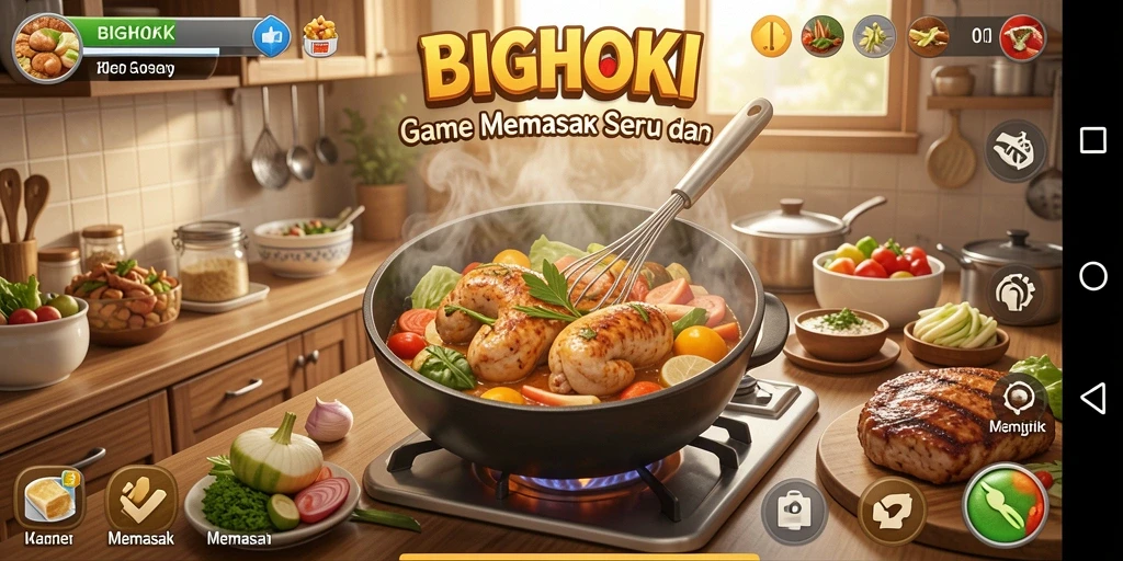 Antarmuka permainan BIGHOKI yang menawan dengan berbagai alat memasak.